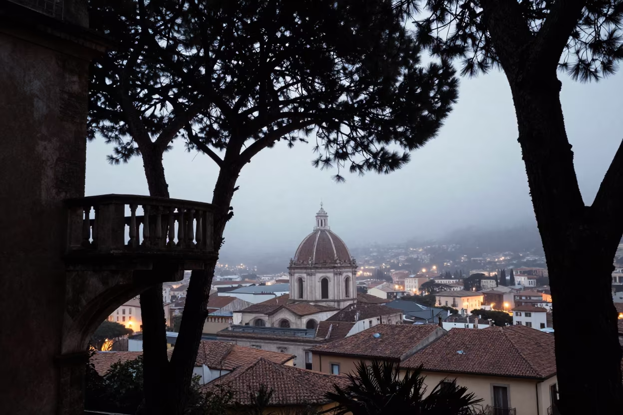 Roofless Nave Balcony Over Pines and Fog at Dusk in inside a roofless nave near Sassari