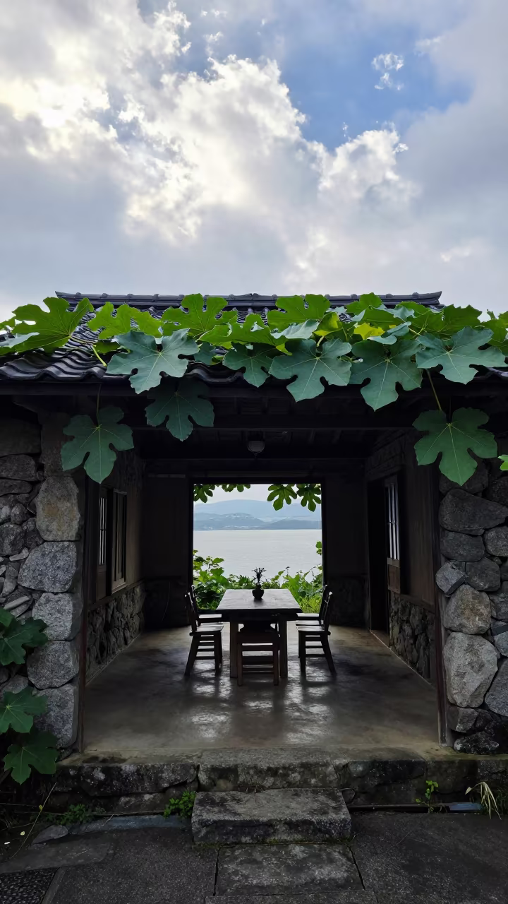 Roofless Stone Villa Dining Hall With Fig Leaves in among roofless stone chambers near Nagasaki