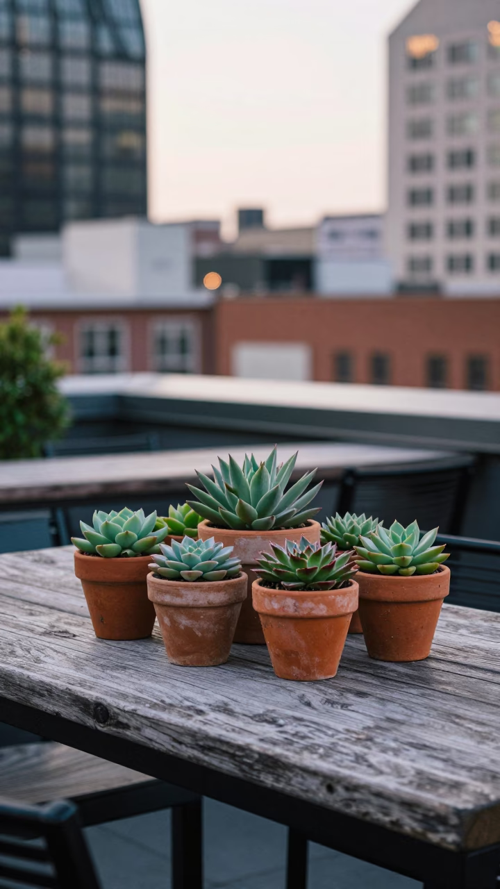 Rooftop Bar Scene in Nashville Tennessee Early Evening with Succulents and City Skyline in in Nashville, Tennessee, United States