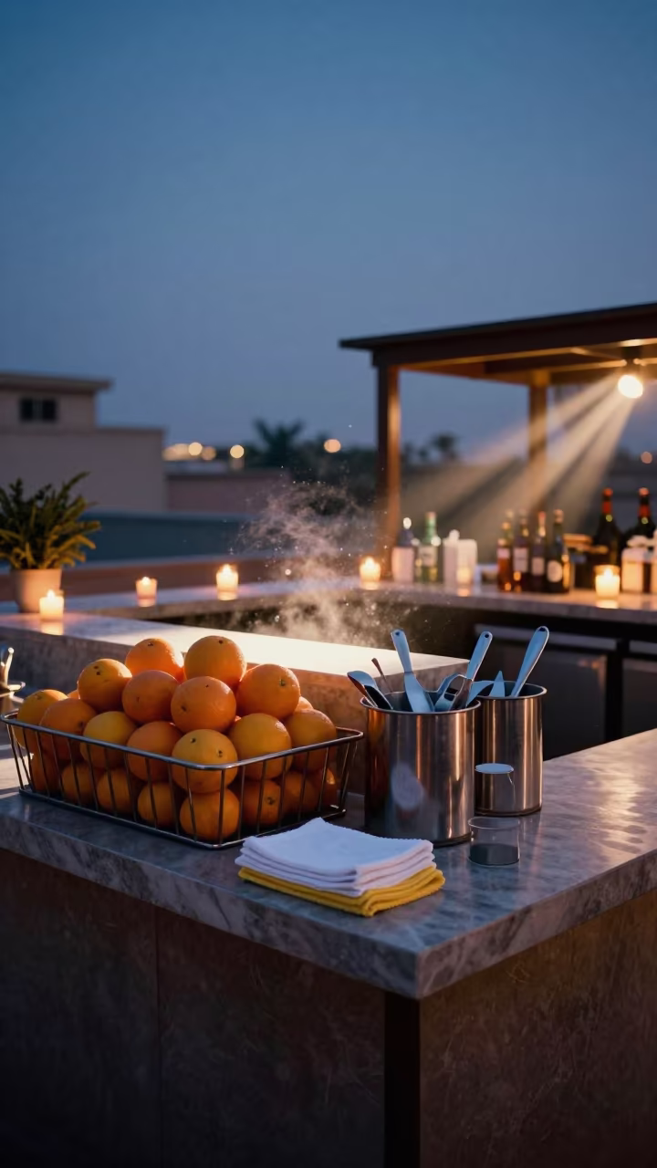 Rooftop Bar Service Station with Citrus and Ice at Dusk in inside a spa reception in Nawabshah