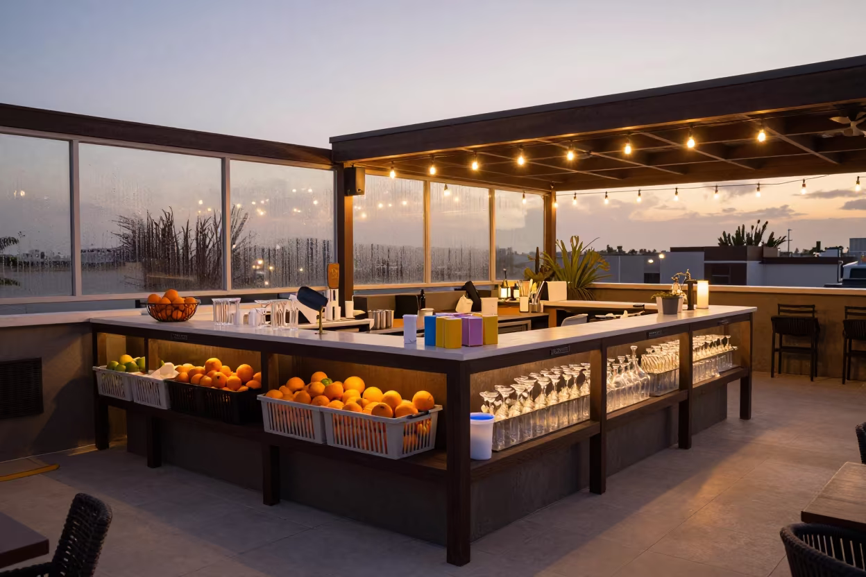 Rooftop Bar Service Rail Before Dawn in inside a spa reception near Yaritagua