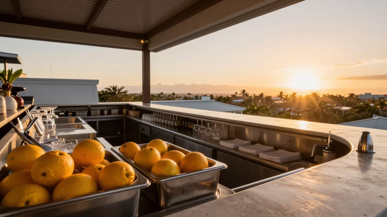 Rooftop Bar Setup Before Sunset in Port Vila in inside a breakfast room before opening in Port Vila