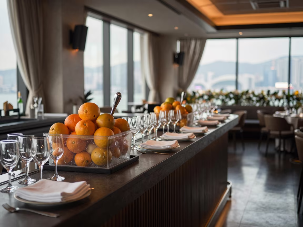 Rooftop Bar Setup Hong Kong Late Afternoon Light in inside a banquet hall before service in Hong Kong