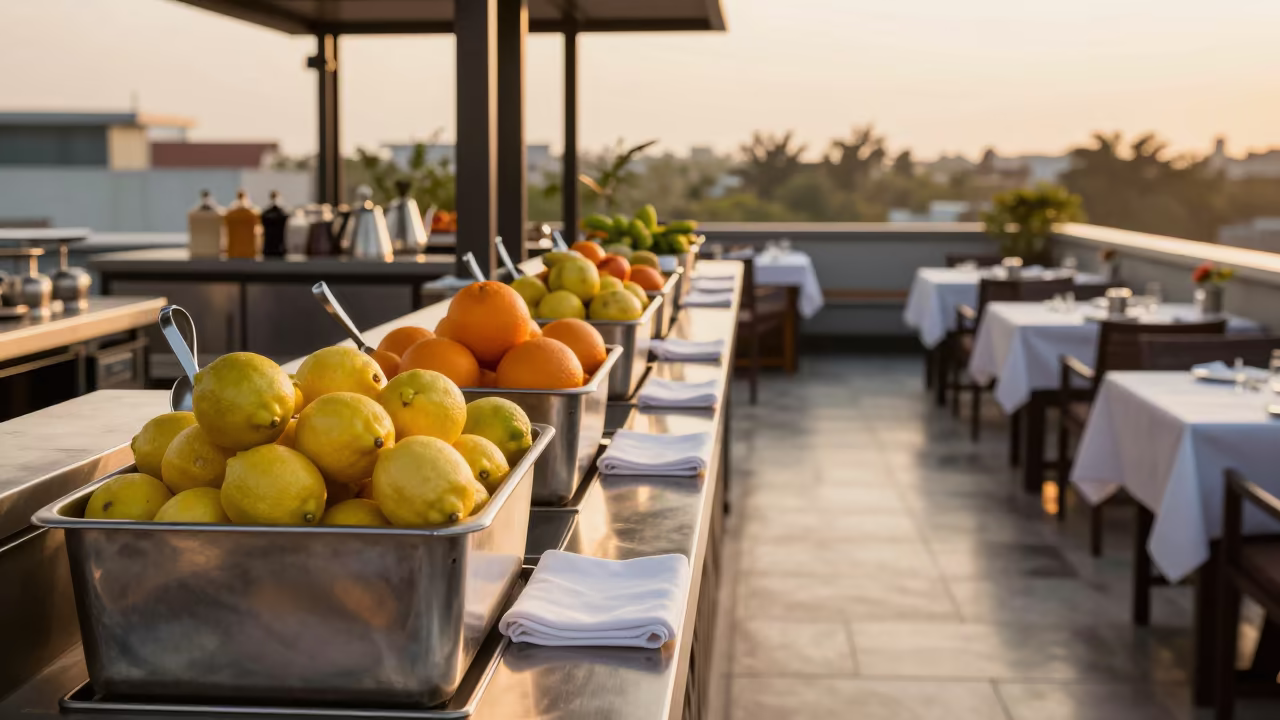 Rooftop Bar Sunrise Setup with Citrus and Ice in inside a breakfast room before opening in Srivijayapuram