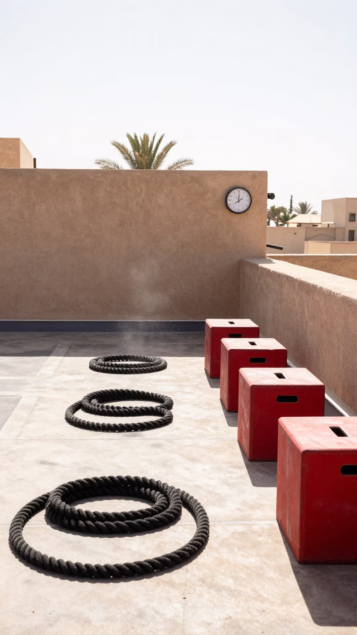 Rooftop Bootcamp Lane with Chalk Dust in Sunlight in on a rooftop fitness terrace in Temara