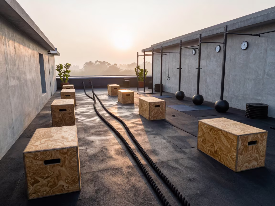 Rooftop Bootcamp Lane Morning Mist in on a rooftop fitness terrace near Pereira
