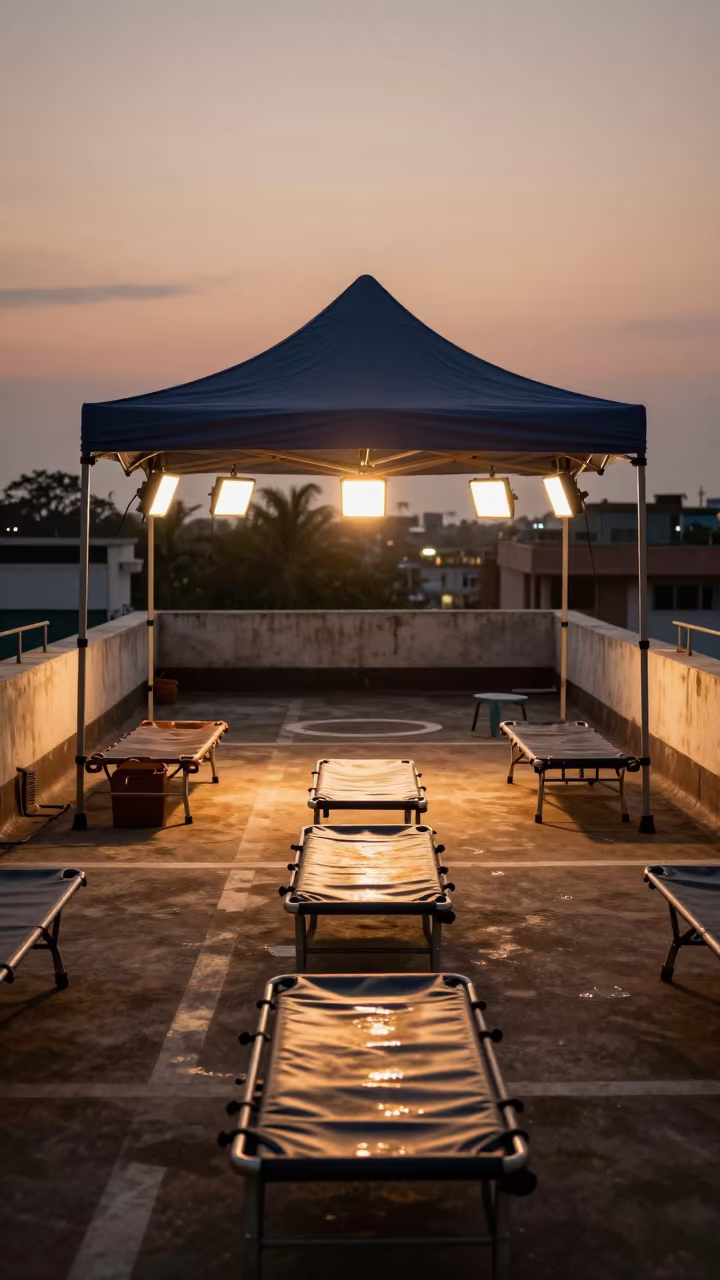 Rooftop Clinic Canopy Silhouetted at Sunset in on a hospital rooftop helipad near Kochi