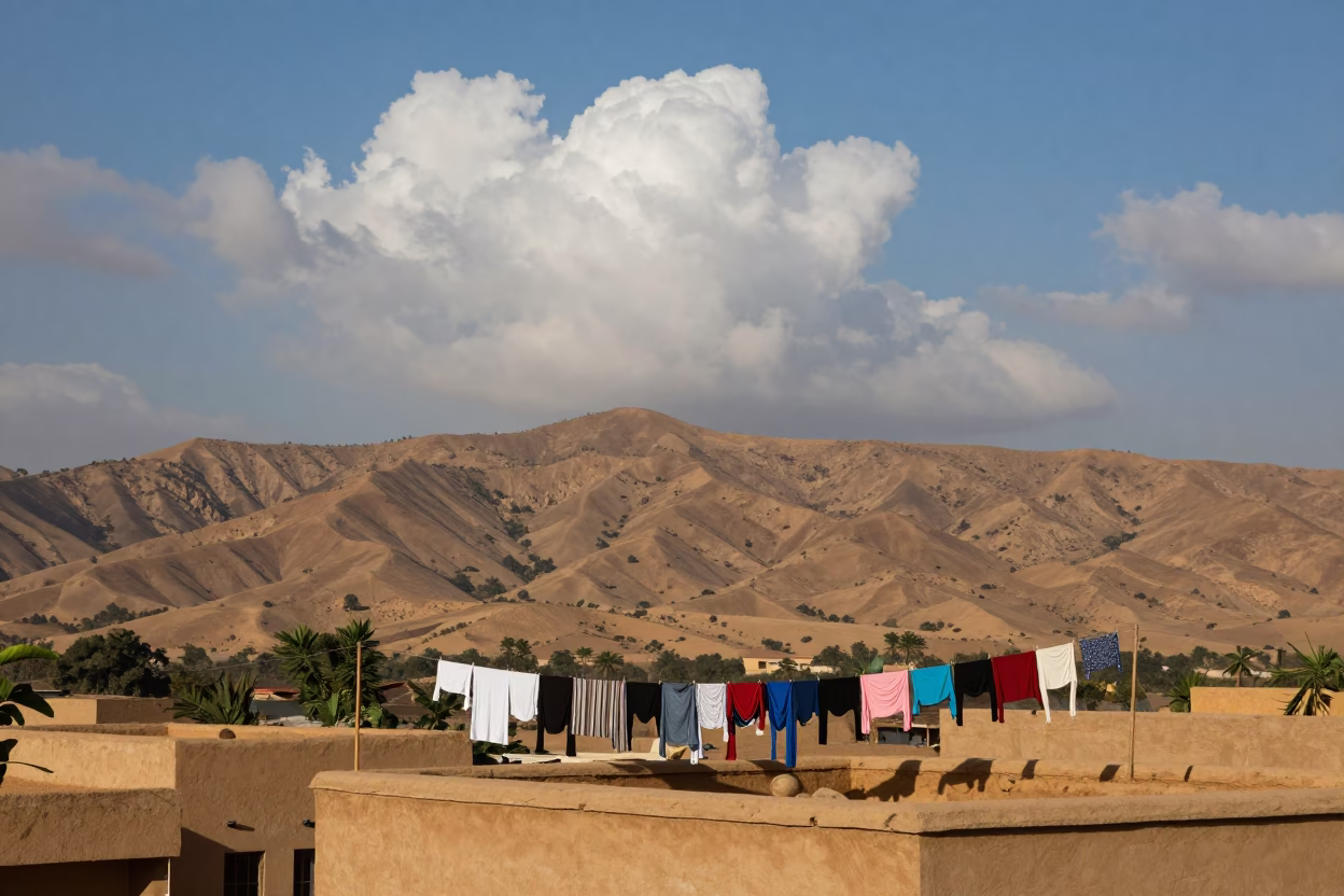 Rooftop Clothesline Over Maiduguri Foothills in from a ridge above layered foothills near Maiduguri