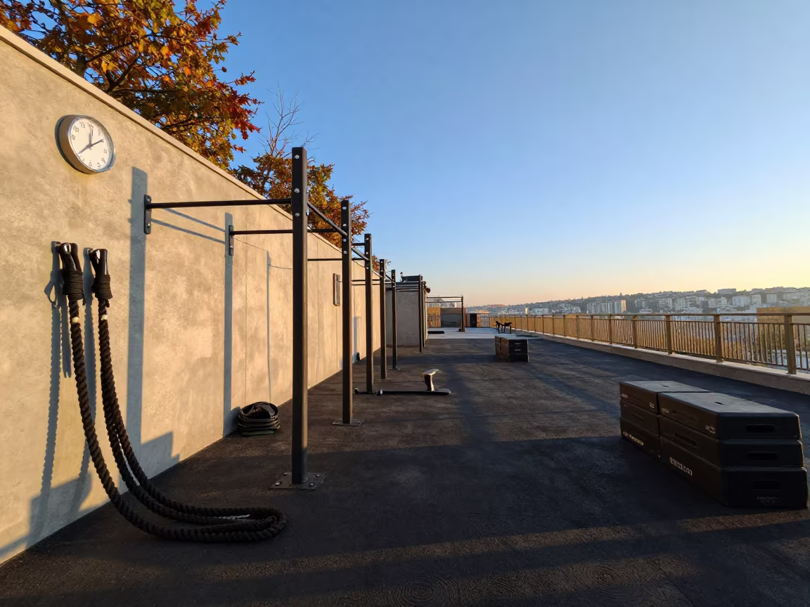 Rooftop Fitness Lane at Dawn in Ankara in on a rooftop fitness terrace in Ankara