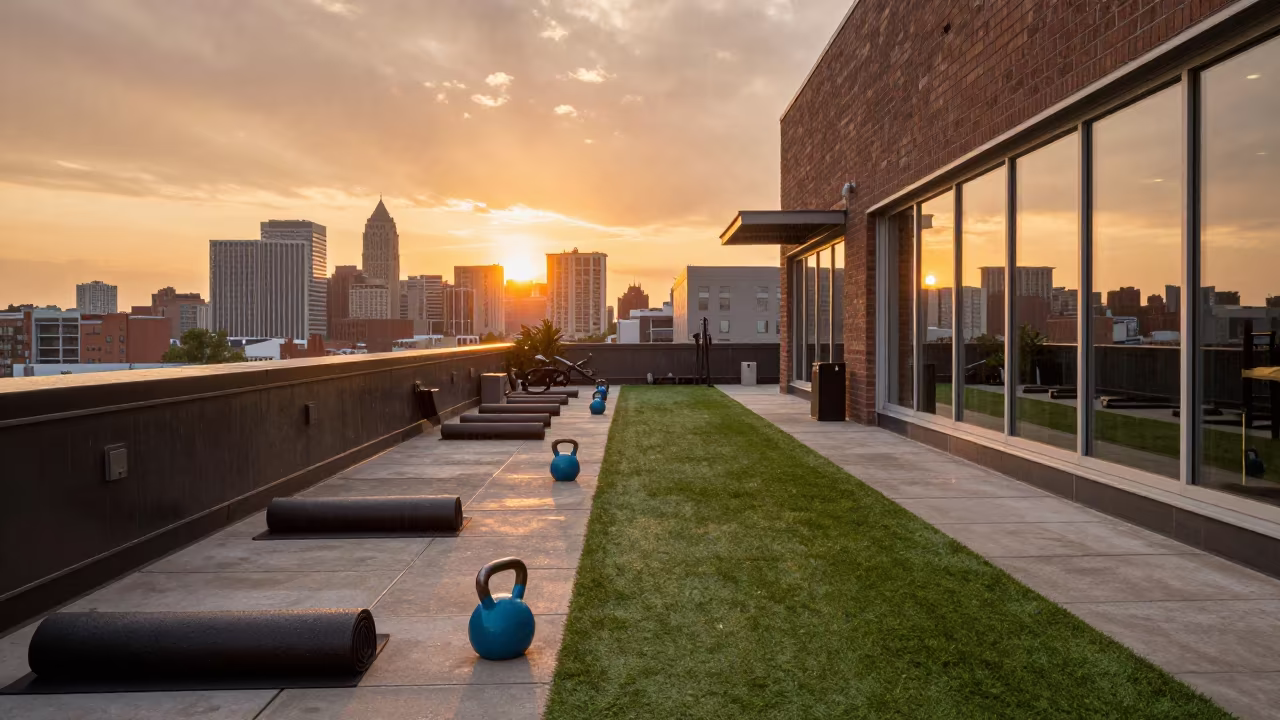 Rooftop Fitness Terrace After Rain with Skyline in along a turf bootcamp lane outside the gym near Charlotte