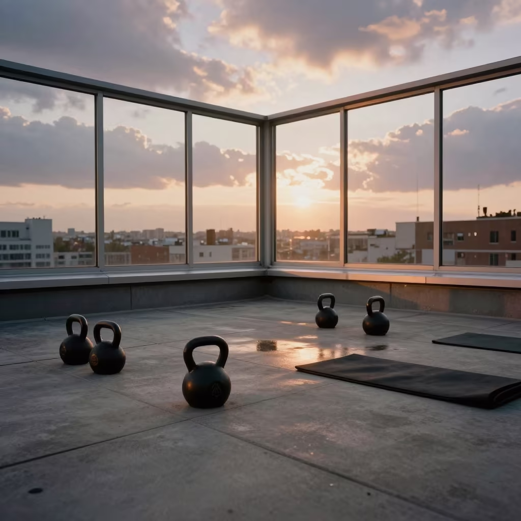 Rooftop Fitness Terrace Evening Kettlebells Skyline in on a rooftop fitness terrace in Van