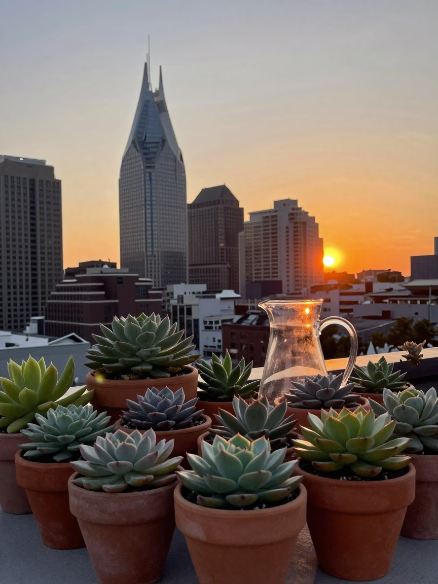 Rooftop Garden Succulents and Glass Pitcher at Sunset in Nashville Tennessee in in Nashville, Tennessee, United States