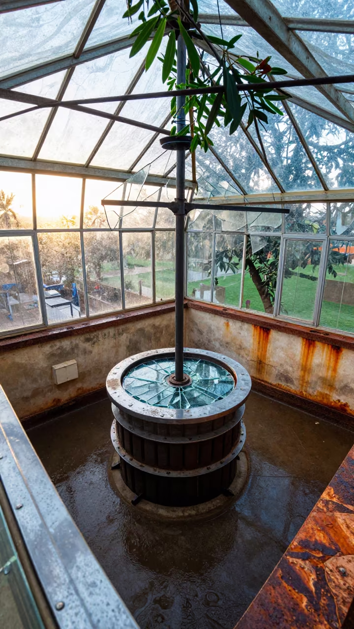 Rooftop Greenhouse Shattered Panes Chad Olive Press in inside a village olive press in Chad
