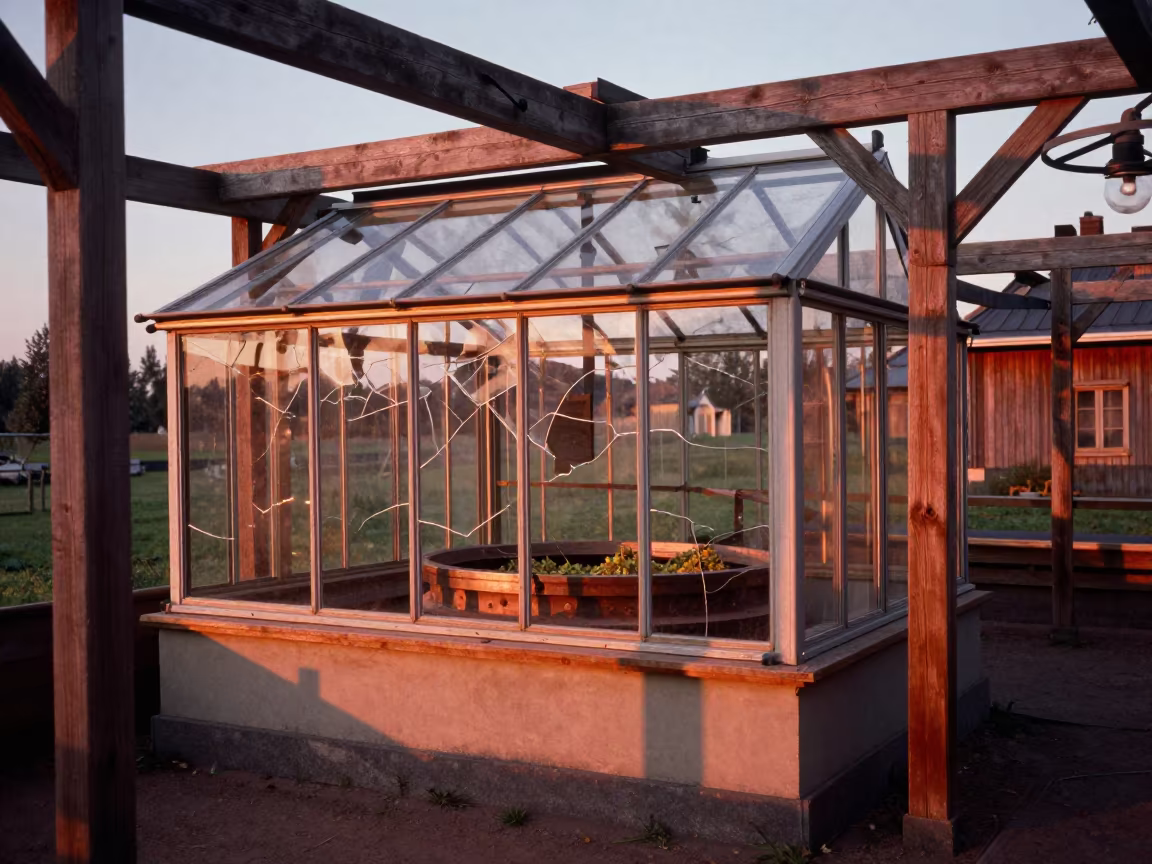 Rooftop Greenhouse Shattered Panes Finland in inside a village olive press in Finland