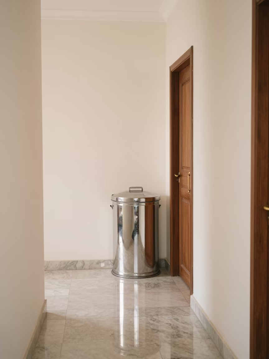 Rooftop Heater Cover Bin Before Housekeeping in in a quiet guest corridor near Zaria