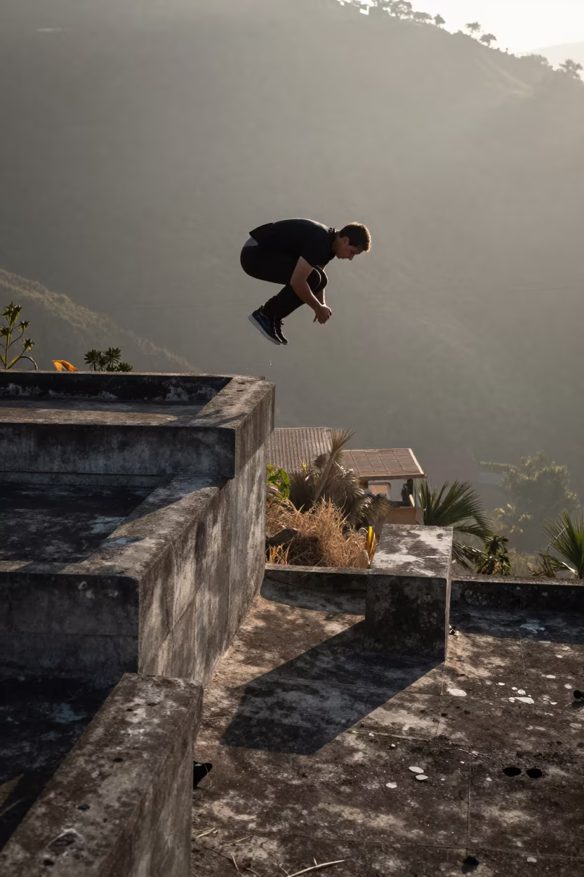 Rooftop Jump at Dawn in Praia in on a hillside near Praia