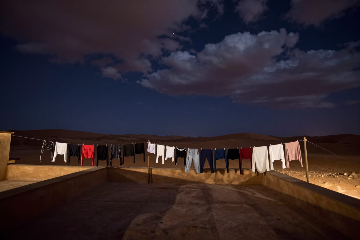 Rooftop Line Under Starlit Sahara Sky in across a wide valley floor in the Sahara