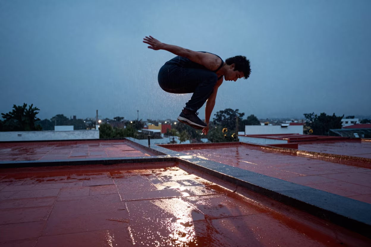 Rooftop Parkour Jump Before Dawn in Puebla in by a riverbank near Puebla