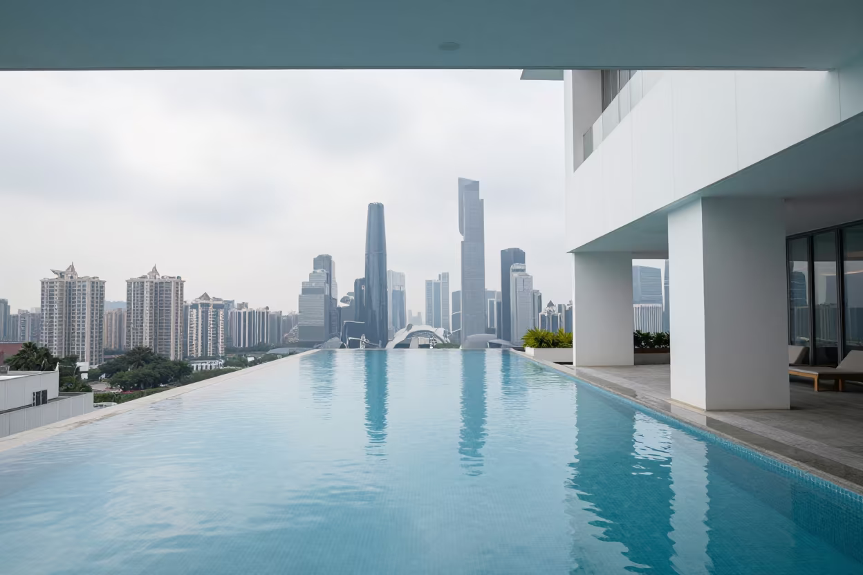 Rooftop Pool Skyline Guangzhou Morning Light in inside a skylit passageway in Guangzhou