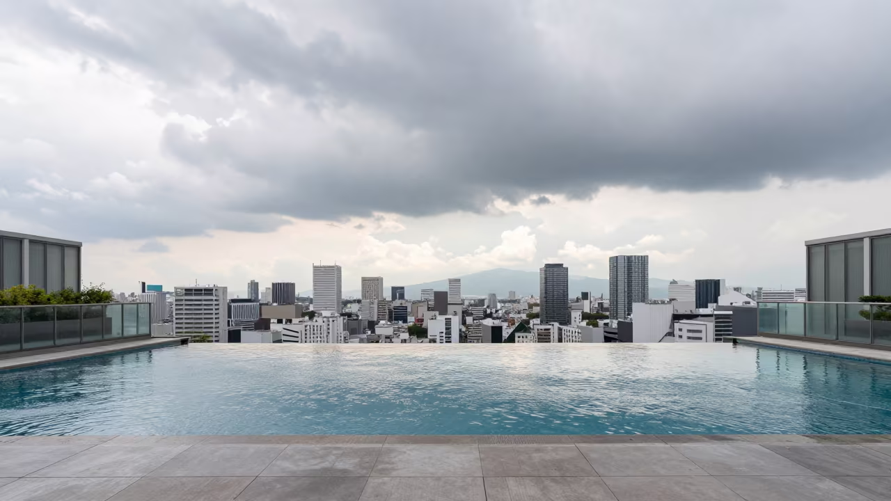Rooftop Pool Skyline Nagoya Monsoon Afternoon in inside a vaulted atrium in Nagoya