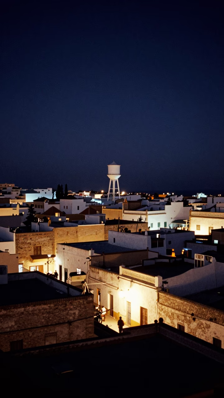 Rooftop Scene in Essaouira at Midnight Light in in Essaouira, Morocco