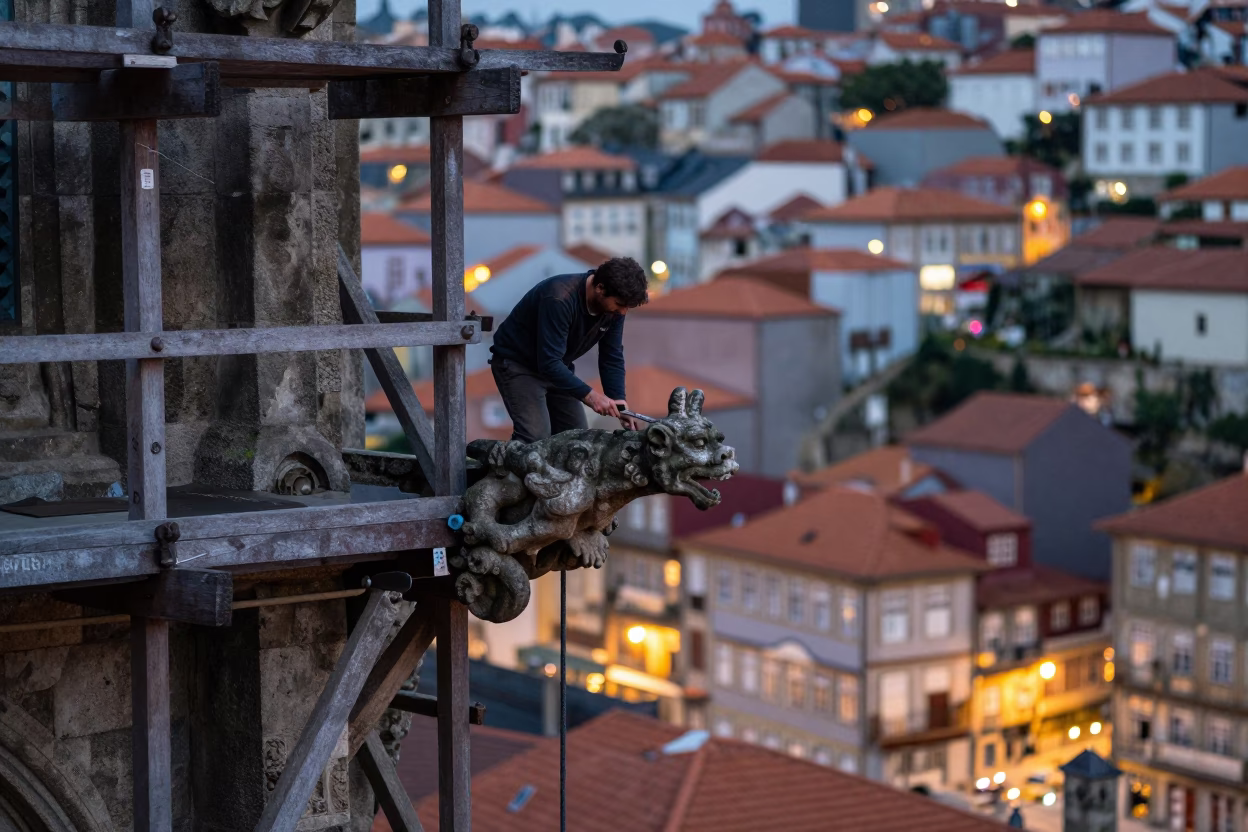Rooftop Stonemason Chiseling Gargoyle on Porto Cathedral Scaffold at Dusk in in Porto, Portugal