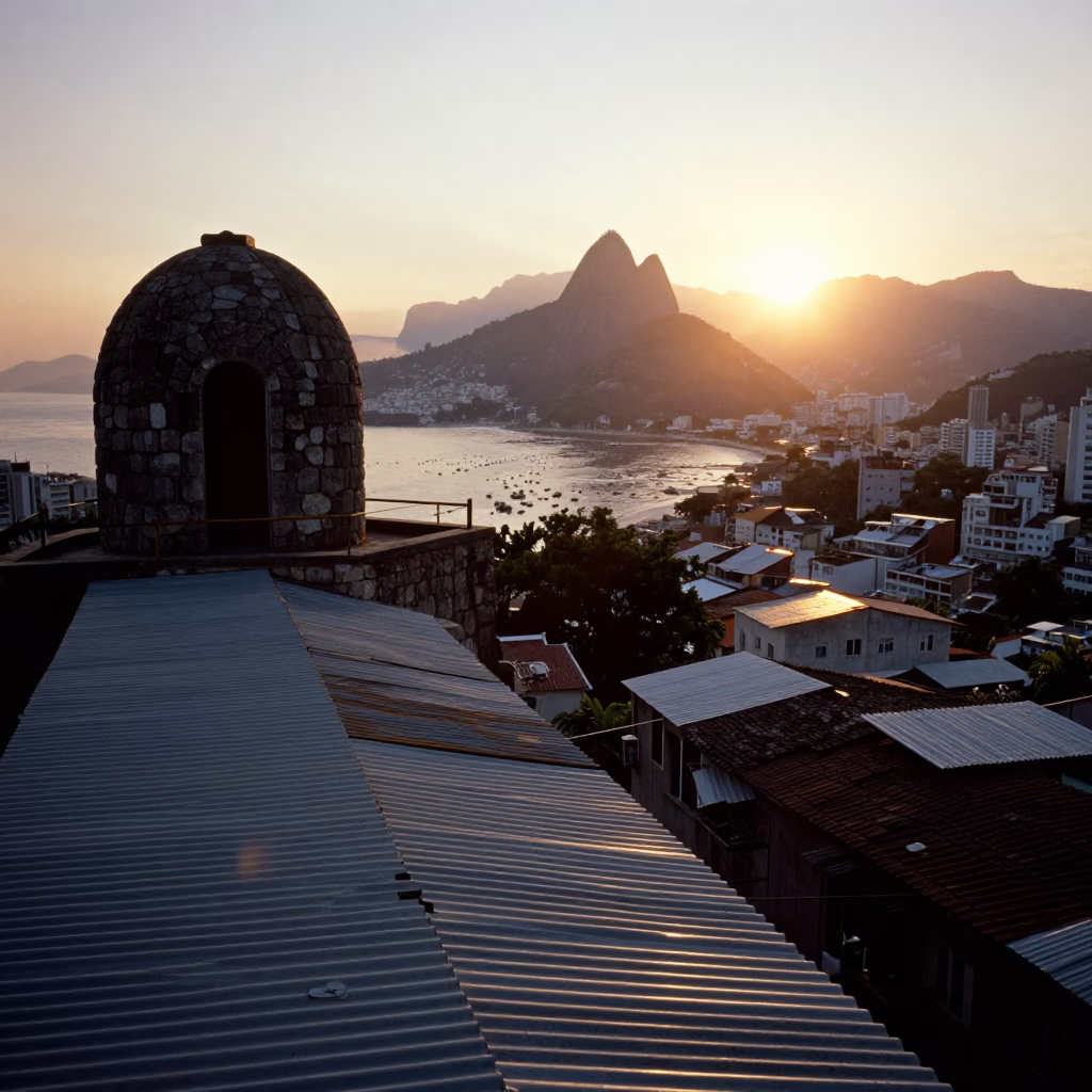 Rooftop Sunset in Rio de Janeiro with Stone Observatory Silhouette and Local Street Life in in Rio de Janeiro, Brazil