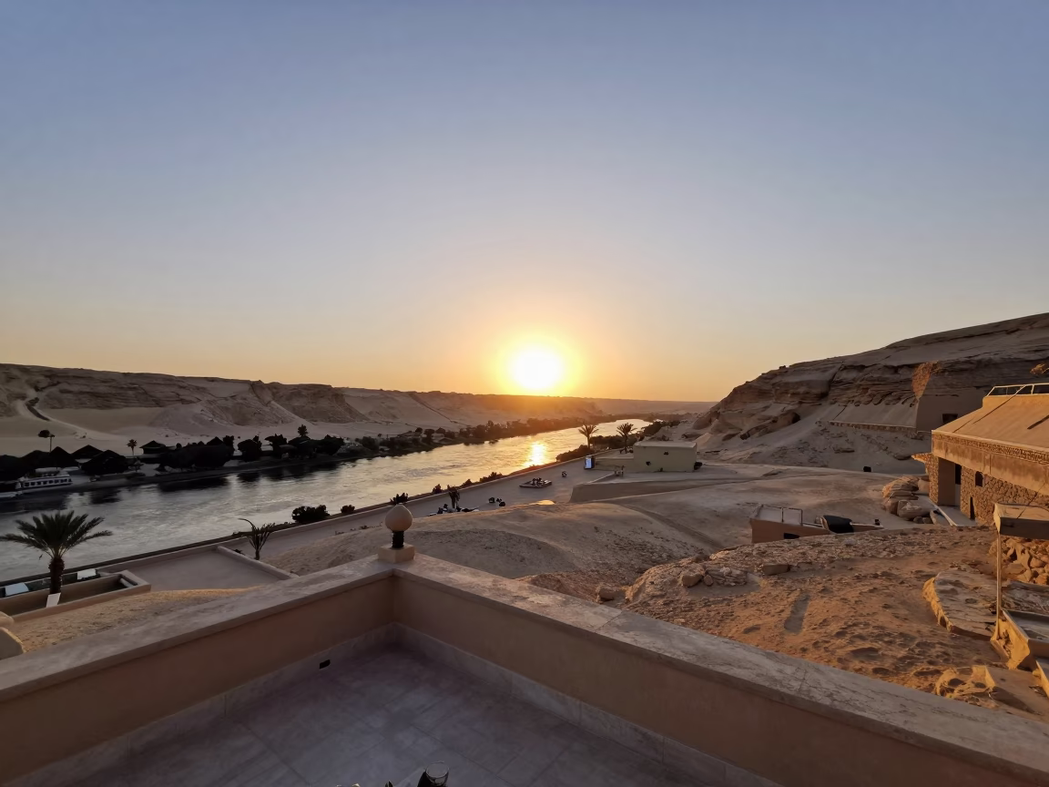 Rooftop Terrace in Luxor at As The Sun Drops Toward The Horizon in in Luxor, Egypt