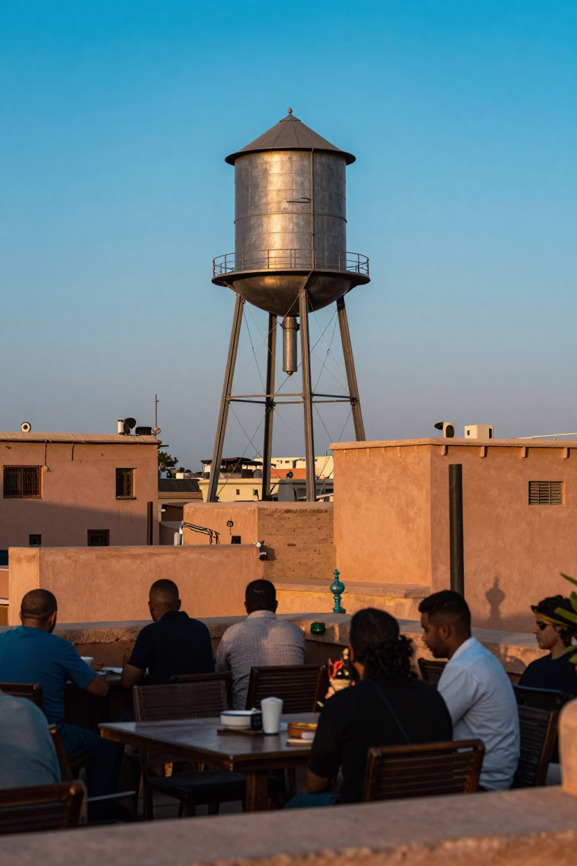 Rooftop Terrace in Marrakech at The Early Evening Light in in Marrakech, Morocco