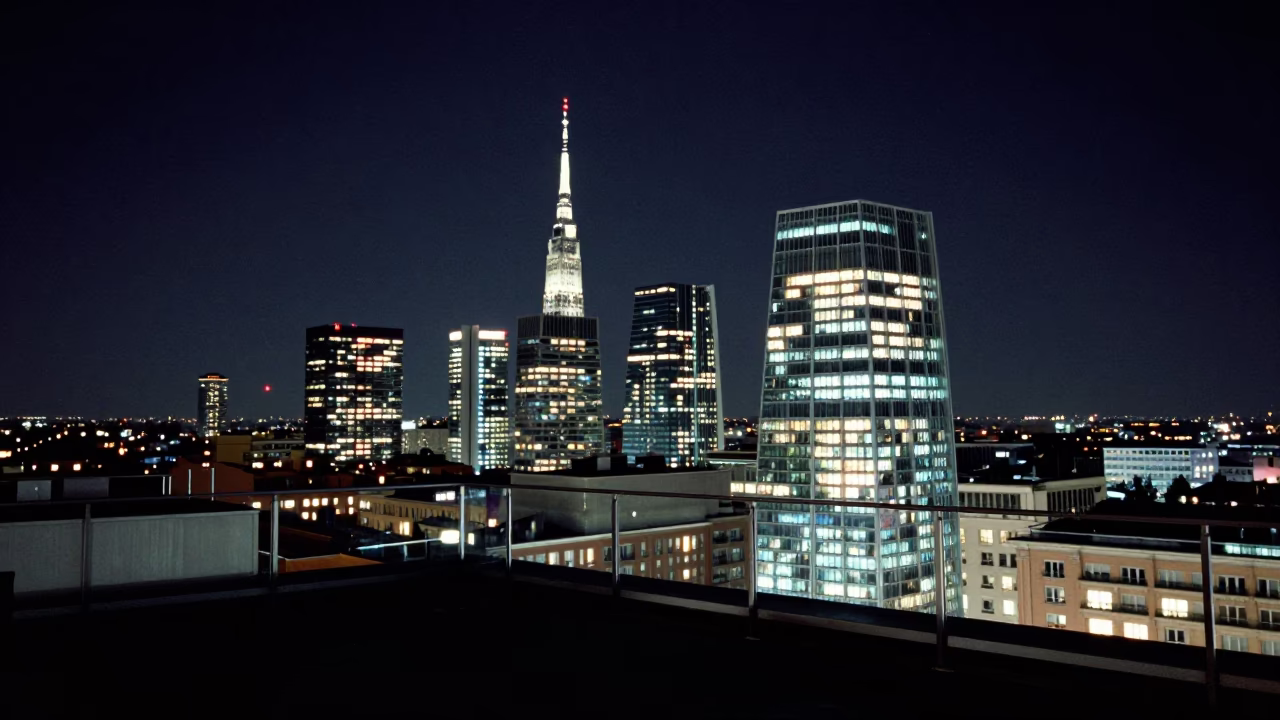 Rooftop Terrace in Milan at The Deepest Night Sky Light in in Milan, Italy