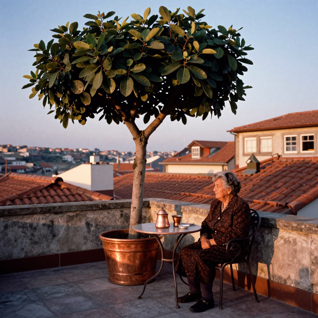 Rooftop Terrace in Porto Portugal with Fig Tree and Copper Coffee Pot Before Dusk in in Porto, Portugal