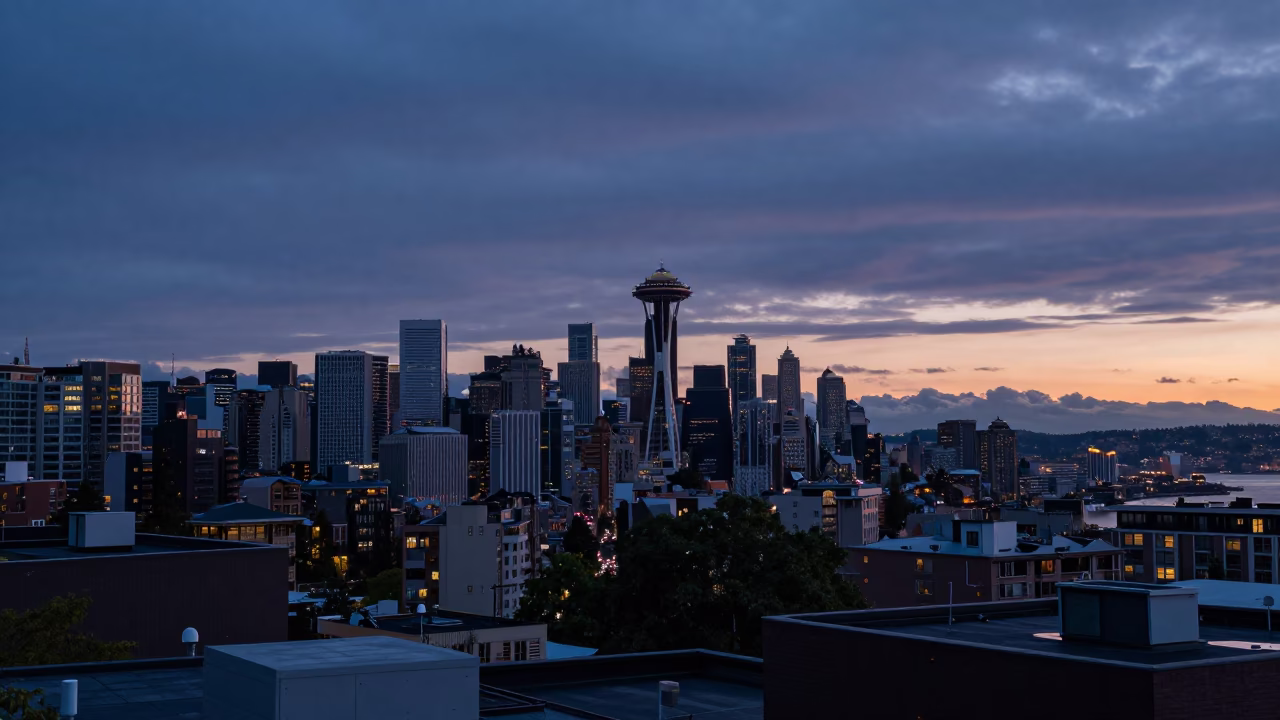 Rooftop View in Seattle at The Still Hours Before Dawn Light in in Seattle, Washington, United States