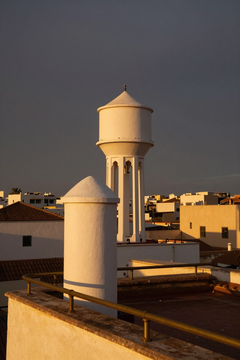 Rooftop Water Tower And Brass Railing in Casablanca at Sunset Light in in Casablanca, Morocco