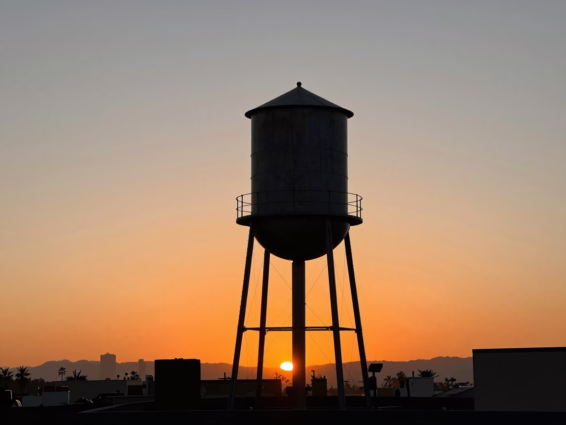 Rooftop Water Tower Silhouette Against Los Angeles Sunset Sky in in Los Angeles, California, United States