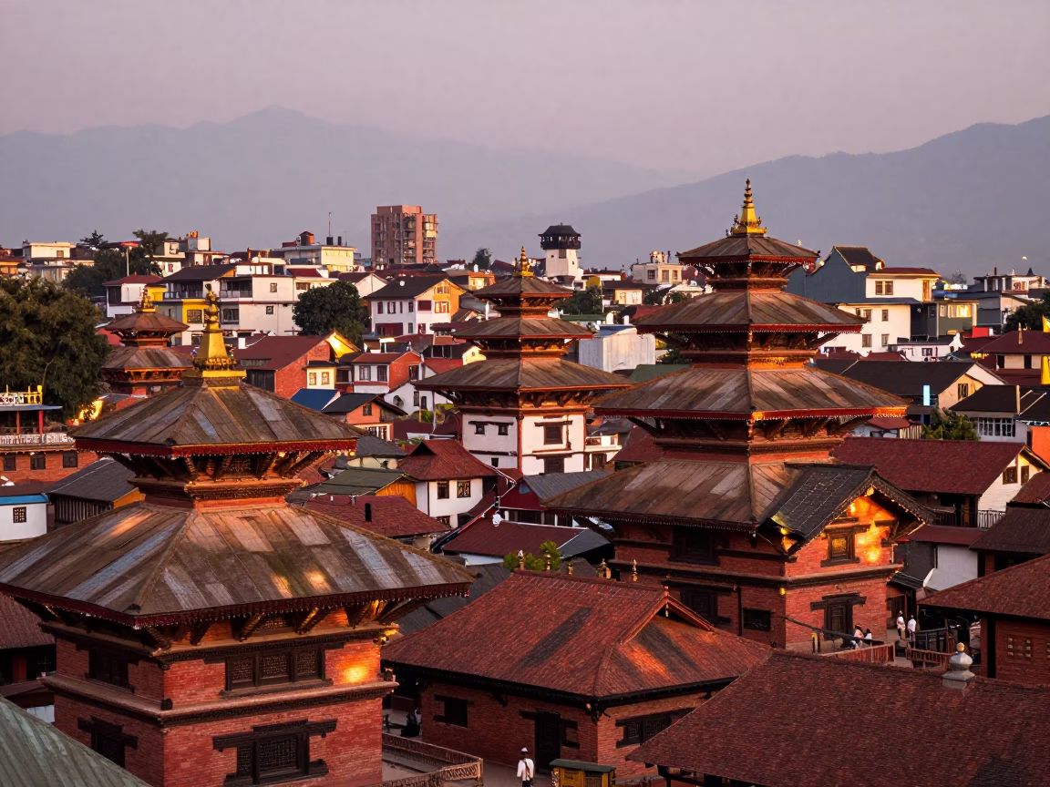 Rooftops And Brick Architecture in Kathmandu at Copper-toned Light Before Dusk in in Kathmandu, Nepal