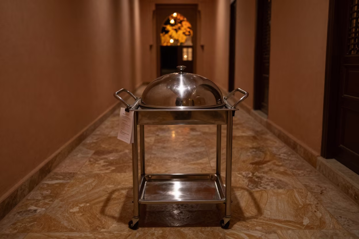 Room Service Cart in Marrakech Corridor Night in in a quiet guest corridor in Marrakech