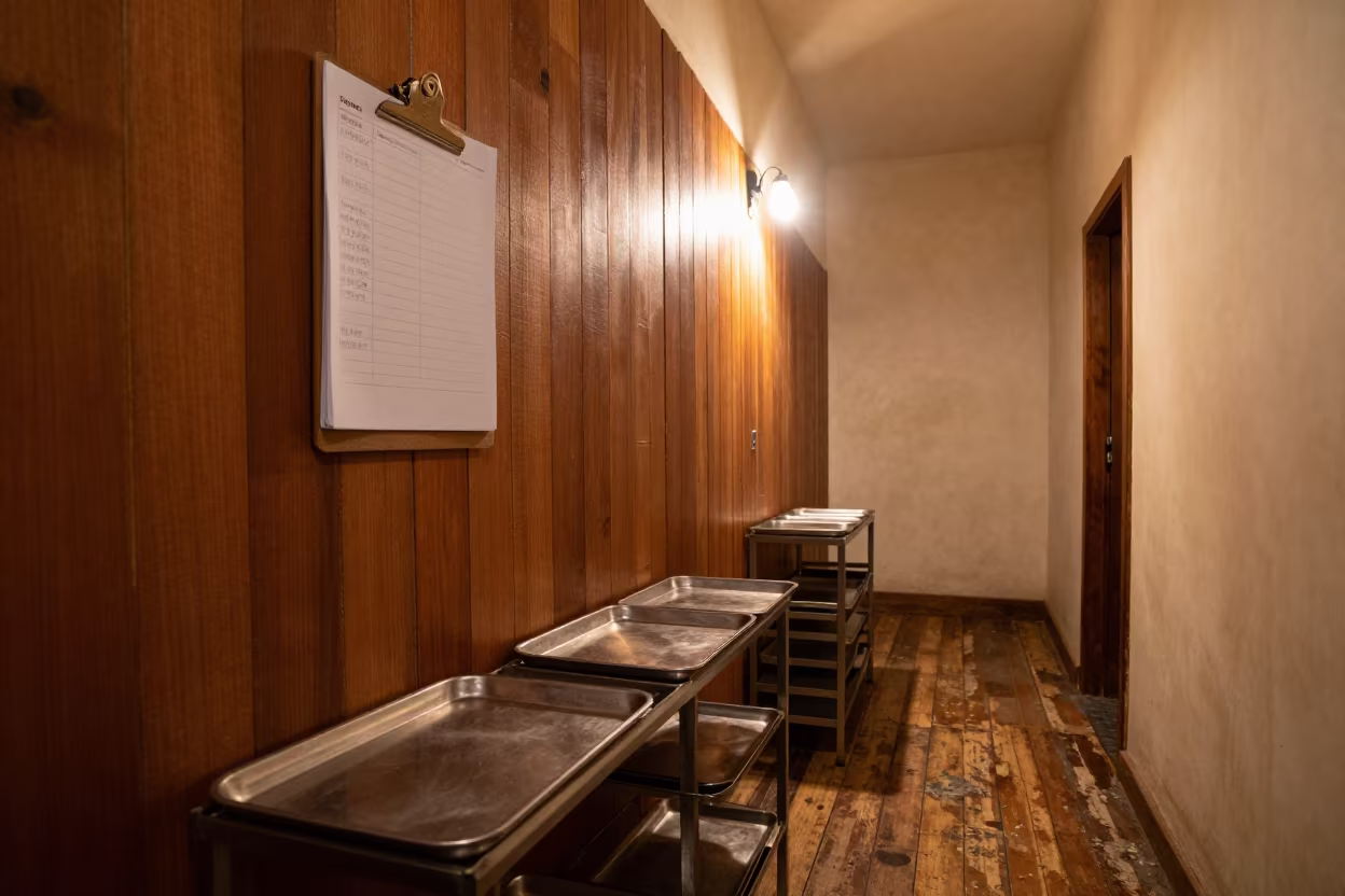 Rooming List Clipboard Under Amber Light in inside a breakfast room before opening in Khairpur