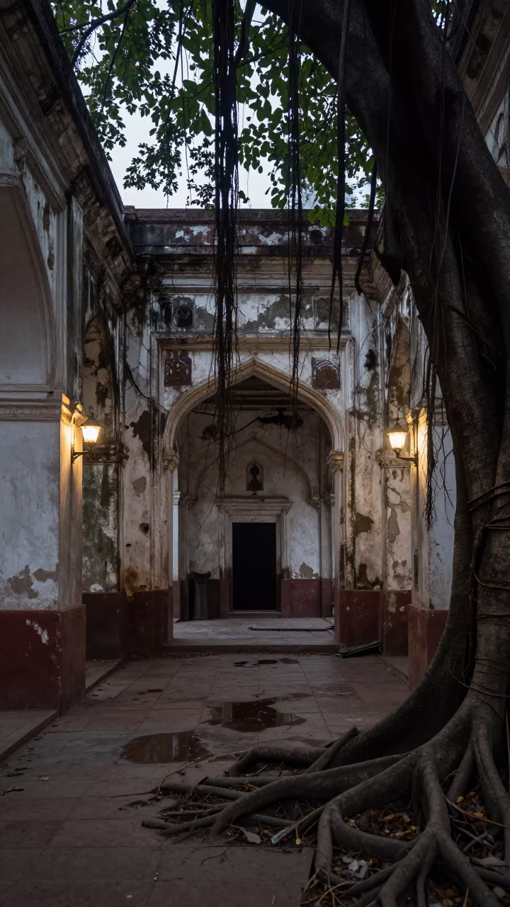 Roots and Icons in Bareilly Chapel Corridor in along a derelict corridor with peeled paint and pooled water in Bareilly