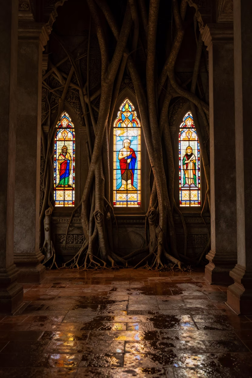 Roots on Stone in Siem Reap Chapel in in a chapel lit by stained glass in Siem Reap