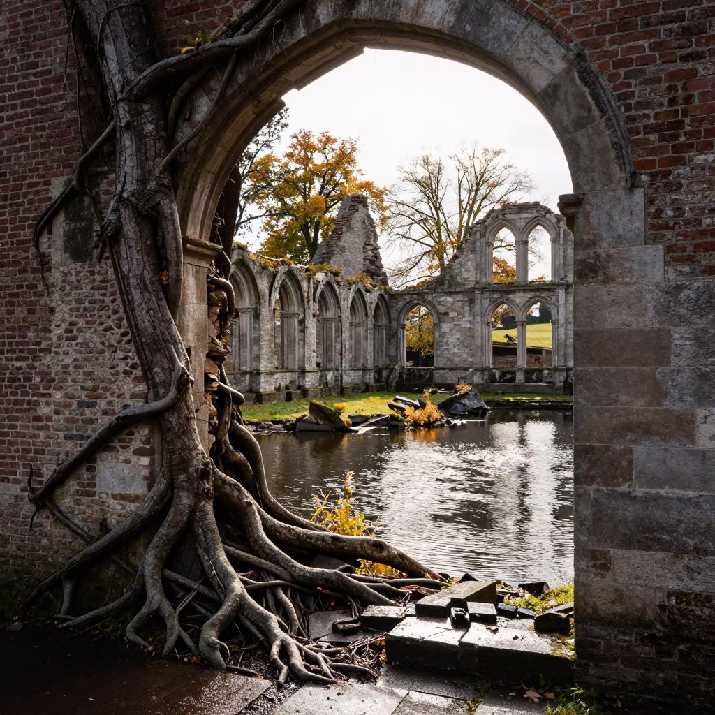 Roots Splitting Stone Wall Among Haarlem Cloisters in among collapsed cloisters near Haarlem