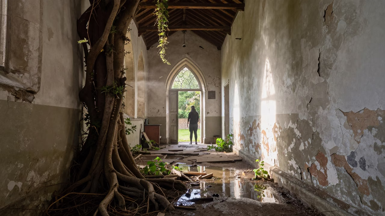 Roots and Vines in a Crumbling Chapel Corridor in along a derelict corridor with peeled paint and pooled water in Southampton