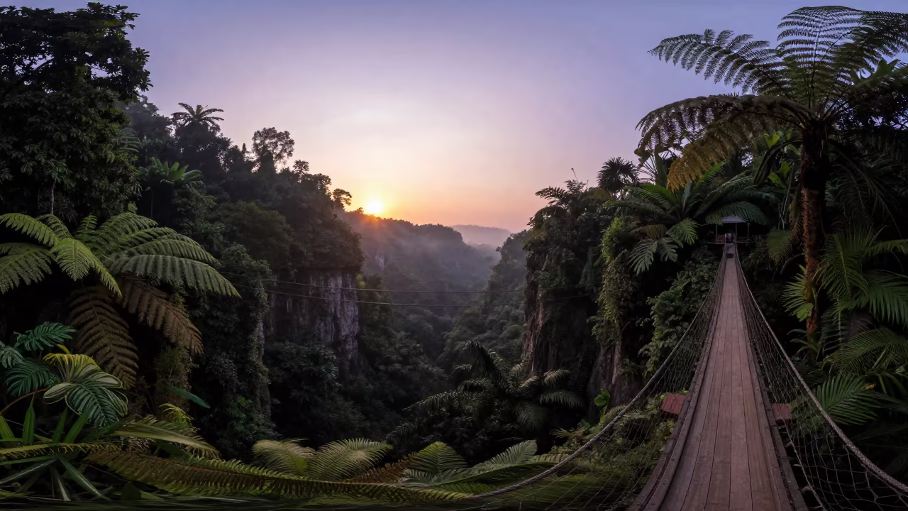 Rope Bridge Over Jungle Gorge Before Sunrise in near Kuala Lumpur