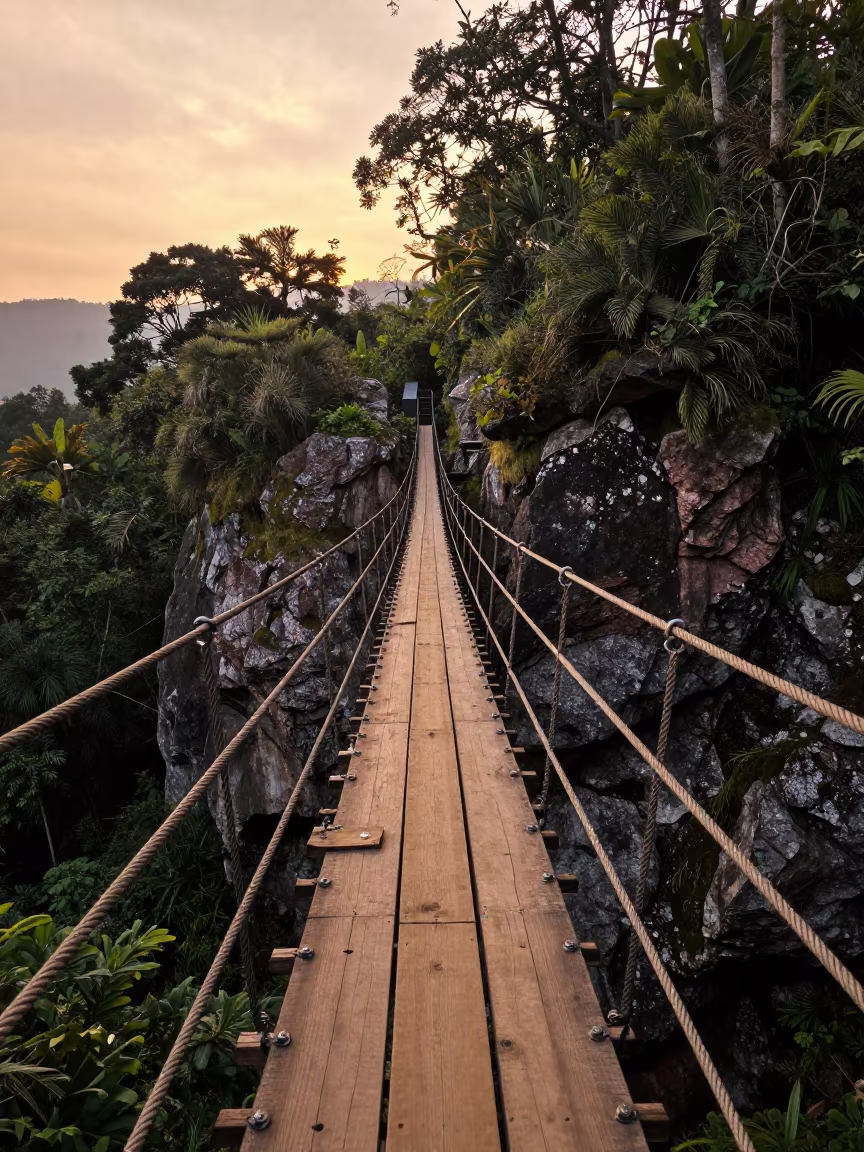 Rope Bridge Spanning Jungle Gorge at Dusk in in Malaysia