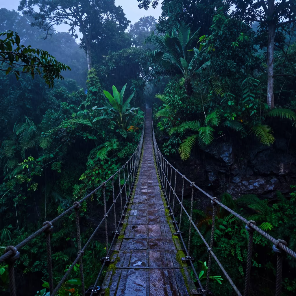 Rope Bridge Over Jungle Gorge at Blue Hour in in Tamil Nadu