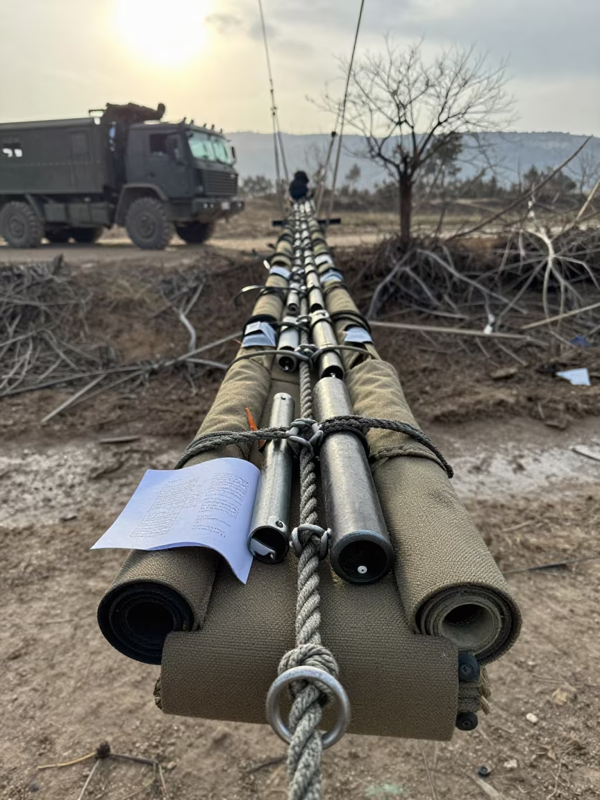 Rope Bridge Rigging Bundle Pre-Deployment Winter Lebanon in beside a convoy halt on open ground in Lebanon