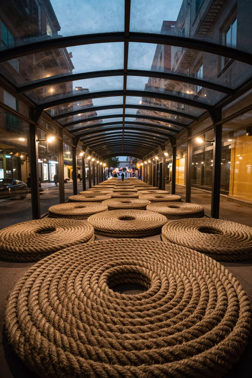 Rope Coils in Glass Arcade with Reflections in inside a glass-roofed arcade in Cap-Haïtien