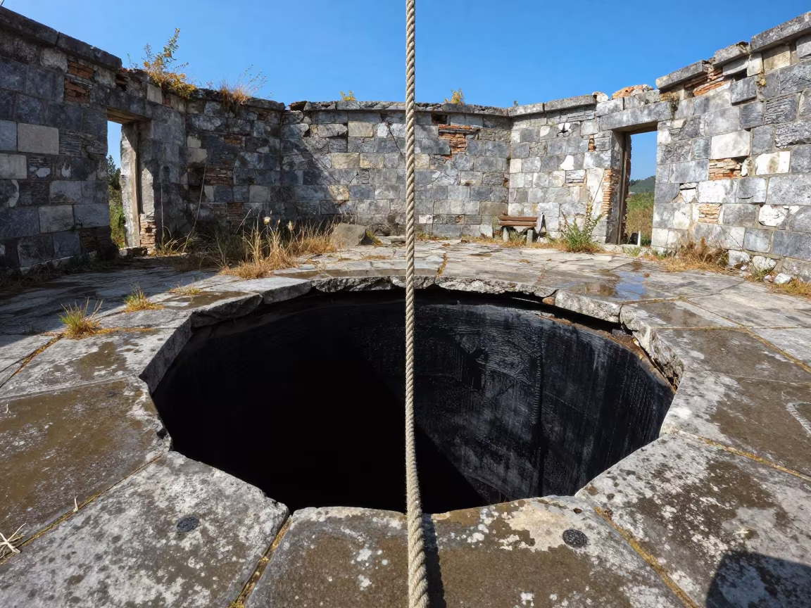 Rope Descending Into Dark Cistern in through an abandoned ceremonial court in Hungary