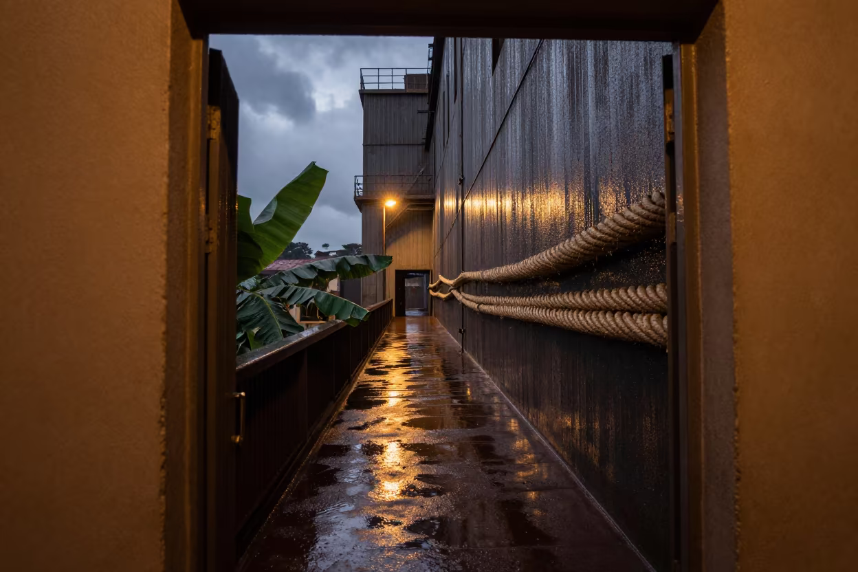 Rope Factory Twisted Strands in Rainy Night Rain in inside a grain elevator near Kinshasa