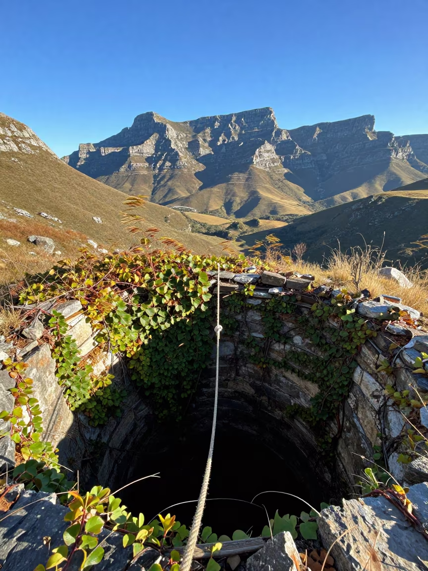 Rope Hanging Into Black Cistern Amid Ivy Ruins in beside ivy-draped masonry in South Africa