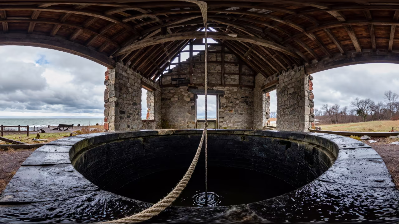 Rope Hanging Into Black Cistern Inside Roofless Nave in inside a roofless nave in Pennsylvania